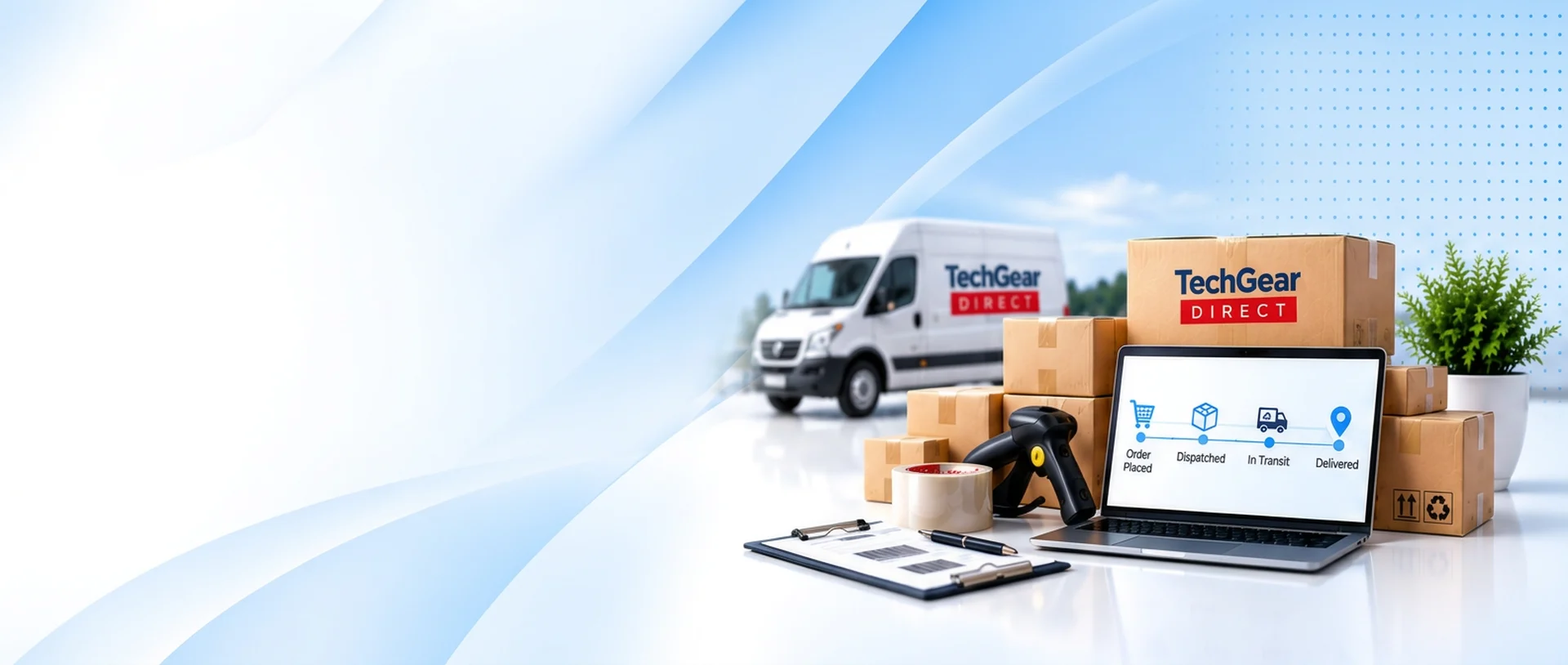 White TechGear Direct delivery van behind cardboard boxes, a large TechGear Direct box above a laptop showing order tracking steps, a barcode scanner, packing tape, a clipboard with a pen and a small plant